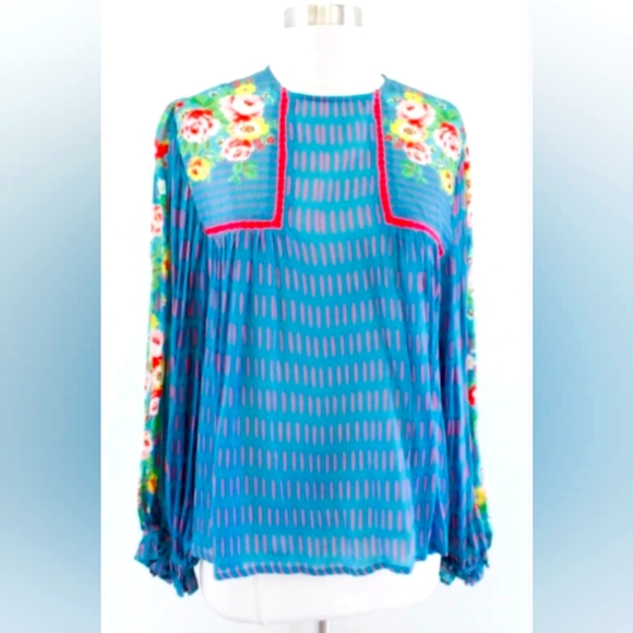 Bl^nk London Anthropologie Miranda Teal Blue Floral Peasant Top Blouse. … - Picture 3 of 11